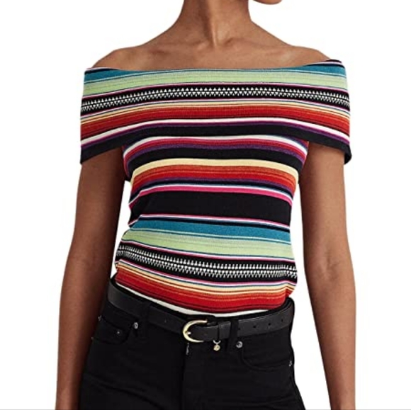 Lauren Ralph Lauren Striped Off-Shoulder Sweater Top Only Black Multicolor - Picture 5 of 14